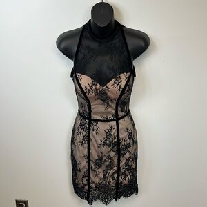 Hannah S Black and Nude Lace Cocktail with halter neckline Dress Size 2